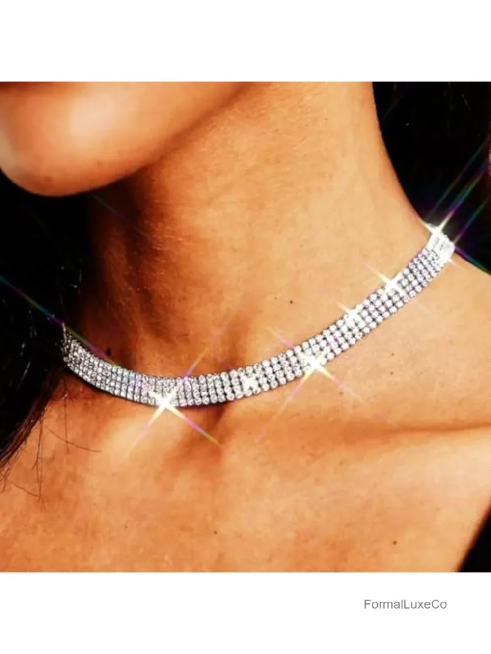 Cubic Zirconia Rhinestone Choker Necklace - Silver Alloy Box Chain with Lobster